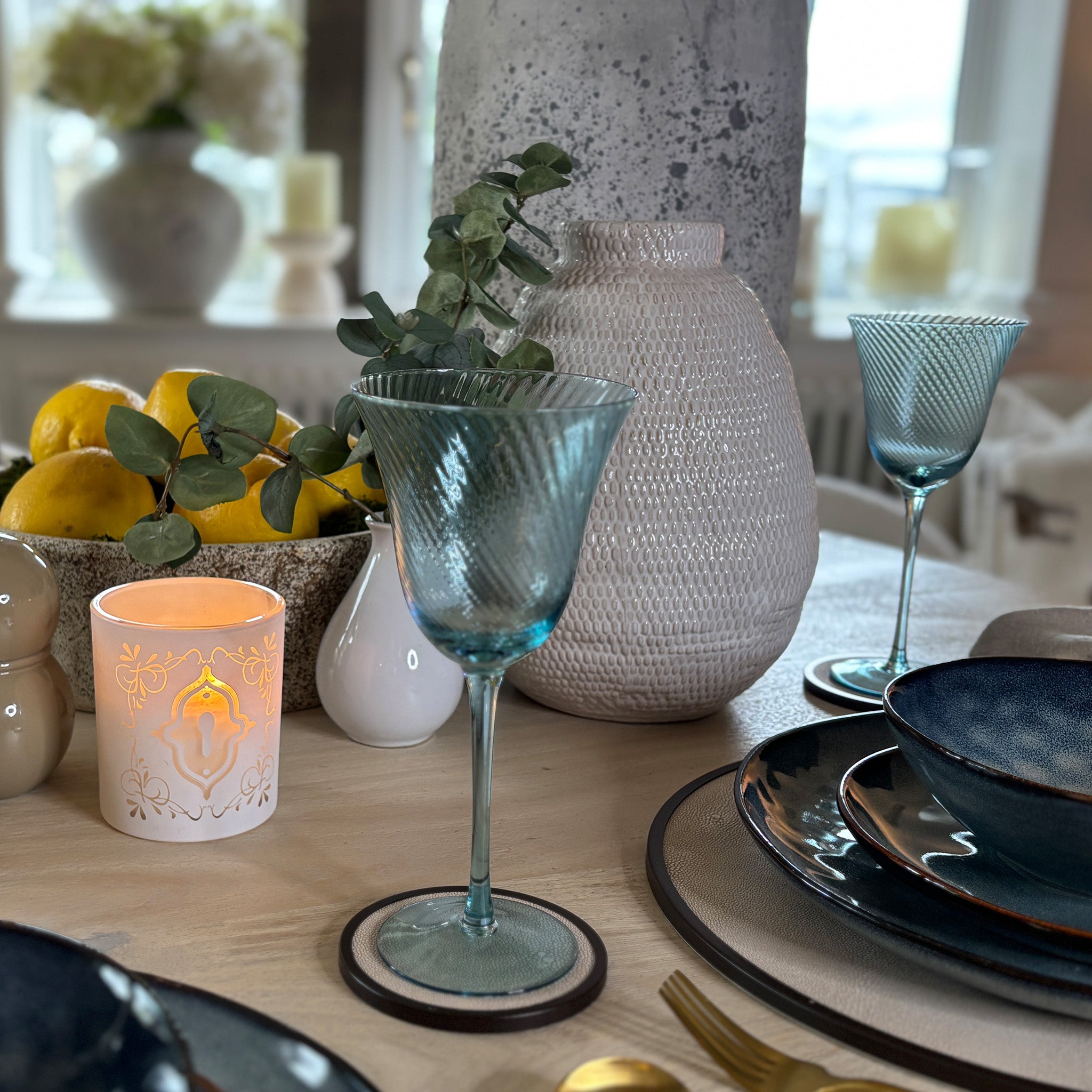 Blue Glass Fluted Wine Glasses - Set of 4